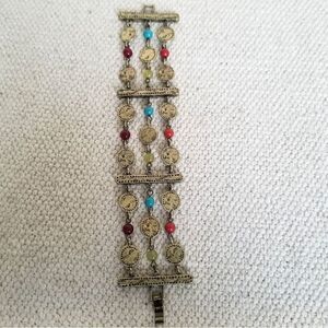 Beautiful Vintage Rustic Gold Metal Beaded 3-strand Multi-color  7" Bracelet‎